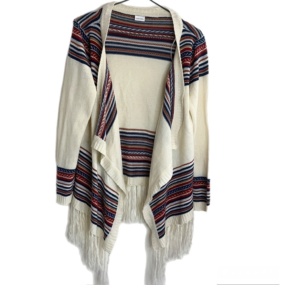 Lascana Cream Wool Blend Knit Fair Isle Print Open Waterfall Cardigan Sweater
